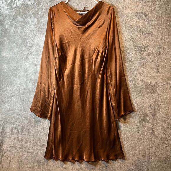 Anthropologie Brown Satin Long Sleeve Mini Dress Cowl Neck Size XL New - Picture 1 of 8